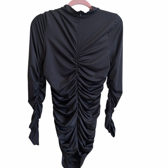 Black XL Ruched Cutout Bodycon Mini Dress Long Sleeve Club Party - Picture 2 of 6